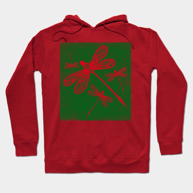 Red embroidered dragonflies on green Hoodie by hereswendy